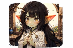 female goblin,(colored skin, green_skin), (dark hair, black_hair, hime cut, long_hair), (cleric clothes, white robes, golden pendants) golden_eyes, 1girl, solo_female, best quality, freckles, smile, goblin girl, medieval fantasy, clenched hands,gobgirlz, cute hands