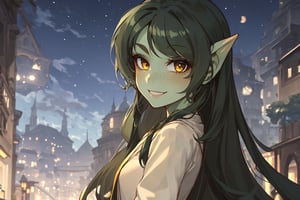 female green skin goblin,(colored skin, green_skin), (dark hair, black_hair, hime_cut, long_hair), golden_eyes, 1girl, solo_female, best quality, freckles, smile, (cleric clothes, white robes) gobgirlz, looking at the night sky,ARTby Noise, side view, Night scene