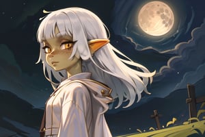 1girl, old green goblin female, golden eyes, white robes, freckles, hime cut, long hair, white hair, walking in a hill, looking at the moon in a dark starry night, undercut hair,