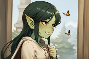 female green skin goblin,(colored skin, green_skin), (dark hair, black_hair, hime_cut, long_hair), golden_eyes, 1girl, solo_female, best quality, freckles, smile, (cleric clothes, white robes), a butterfly in her hand, ARTby Noise, side view, lots of butterflies, gobgirlz,More Detail