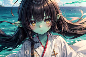 female goblin, (dark hair, black_hair, hime cut, long_hair), (cleric clothes, white robes) yellow eyes, 1girl, freckles, (colored skin, green_skin), looking at viewer, gobgirlz, green skin color, floating on an ocean, close up, floating