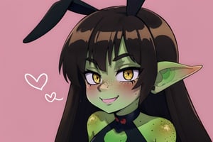 female goblin, (dark hair, black_hair, hime cut, long_hair), yellow eyes, freckles, (colored skin, green_skin), green skin color, blushing, 1girl, smiling, Waifu, black Bunny suit, simple pink background, wagashi, Bunny suit, pointy ears, heart 