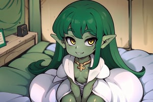 a cute female goblin sitting on a bed, green_skin, black_hair, golden_eyes, hime_cut, cleric_clothes, long_hair, white_robes,, smile, 1girl, solo_female, best quality, cute,ARTby Noise, looking_at_viewer, solo_girl,wagashi