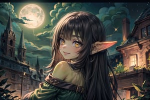 female goblin,(colored skin, green_skin), (dark hair, black_hair, hime cut, long_hair), golden_eyes, 1girl, solo_female, best quality, freckles, smile, goblin girl, gobgirlz, medieval fantasy, at night, soft moonlight, green skin, backlightning