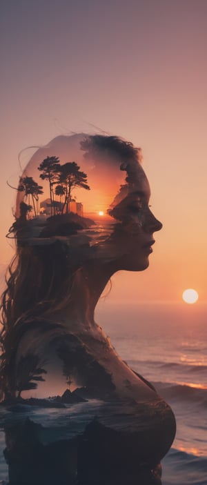 high quality, 8K Ultra HD, double exposure, beautifully designed goddess silhouette and sunset coast, minimalist, crisp lines, awesome full color,Enhanced All