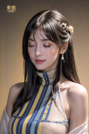 Cut divided up and down, top (one girl solo long_hair, closed_eyes, smile, striped_background, upper body, bangs, closed_mouth, spoken_heart, brown_hair, blush, heart, collarbone, blunt_bangs, bare shoulders, striped, flat_chest, sleeveless, face) bottom is (1girl, solo, breasts, blue_eyes, sleeveless, long_hair, heart, large_breasts, sweater, looking_at_viewer, upper_body, sleeveless_sweater, blush, spoken_heart, brown_hair, black_sweater, turtleneck, striped_background, closed_mouth, sleeveless_turtleneck, bare_shoulders, yellow_background, thick_eyebrows, bangs),
(masterpiece, top quality, best quality, official art, beautiful and aesthetic:1.2), (1girl), extreme detailed,(abstract, fractal art:1.3),highest detailed, detailed_eyes, light_particles, hanfu,jewelry, sexy, (nsfw),