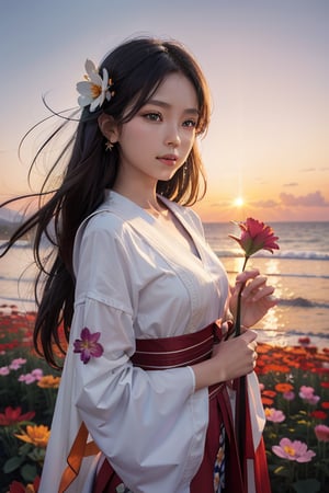 filipina beauty  holdingfan flower sunset background flower background year1995 stars background Masterpiece sky, universe angle, upper body, (brighteyes:1.1)