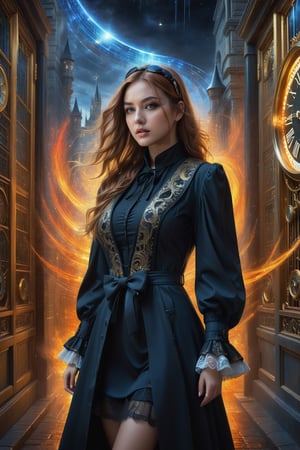 best quality, 4K, masterpiece, 8K, 1 girl,  side view, looking at viewer
,3g3Kl0st3rXL,Time Travel Style   (Masterpiece, best quality, super realistic, 8k, HDR), Envision a detective girl standing in front of the gate of time,, detailed face, blue eyes, long hair, gazing to the sky, big breast, wearing time travel gold and black cascading fashion long advanced cybernetic coat, create hundreds of clock and time watch scattering and swirling every where to encapsulated time travel world, super detailed, time_paradox, time travel theme,Time Travel Style,photorealistic,1GIRL, YELLOW EYES, LONG HAIR, RED HAIR, RED EYES, SOLO, FIREFLYCUS, HAIRBAND, HAIR ORNAMENT, GREY HAIR, <YOUR CUSTOM OUTFIT TAGS LO DRESS, LAYERED DRESS, LONG DRESS, LACE-TRIMMED DRESS, FRILLS, PUFFY SLEEVES, WIDE SLEEVES, BOW, JEWELRY, LONG SLEEVES, HAT), good hands, perfect hands, pretty face, perfect face, childish face, full body, perfect body, pretty stockings, walking, night, pretty dress, perfect dress, castle, palace, perfect palace, palace ,vamptech,FULLBULSH,BK,bukake      
