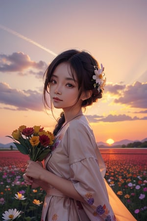 filipina beauty  holdingfan flower sunset background flower background year1995 stars background Masterpiece sky, universe angle, upper body, (brighteyes:1.1)