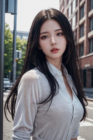 photorealistic, masterpiece, best quality, raw photo, 1girl, solo, long hair, black hair, detailed face, alluring face, collared shirt, medium breasts, dynamic pose, looking at viewer, from below, campus background, fine detailed,  intricate detail,  ray tracing, depth of field, low key, hdr, realistic, ((broken pictures)),Hair,Raw Photo