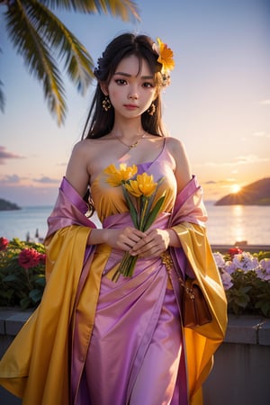 filipina beauty  holding fan flower  sunset background flower background year1995