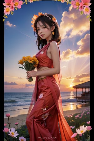 filipina beauty  holding fan flower  sunset background flower background year1995