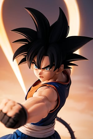 Imagine Goku, the iconic Saiyan warrior from Dragon Ball, standing atop a rocky mountain peak, his vibrant orange gi billowing in the wind. The sun sets behind him, casting a warm golden glow on his muscular physique. The neural network should create a highly realistic depiction of Goku, capturing every intricate detail of his spiky black hair, intense blue eyes, and determined expression. The artwork should showcase his dynamic pose, with one hand clenched into a fist, ready to unleash his immense power.