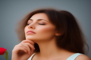 Beautiful woman praying as her blue eyes look up, flower in her hair, with the Beauty of Israeli landscape in the background, high detail, Hi resolution, 4K quality, colourful, vibrant, cleavage cutout,nature,Euphoric Background