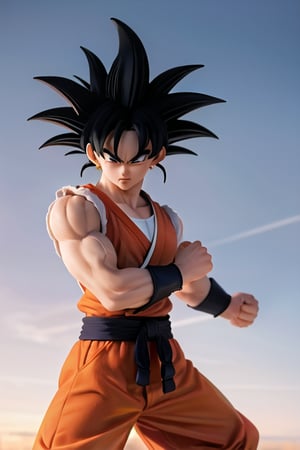 Imagine Goku, the iconic Saiyan warrior from Dragon Ball, standing atop a rocky mountain peak, his vibrant orange gi billowing in the wind. The sun sets behind him, casting a warm golden glow on his muscular physique. The neural network should create a highly realistic depiction of Goku, capturing every intricate detail of his spiky black hair, intense blue eyes, and determined expression. The artwork should showcase his dynamic pose, with one hand clenched into a fist, ready to unleash his immense power.