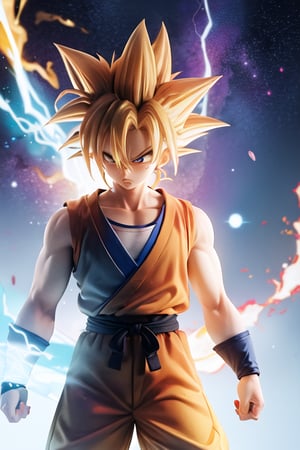 Imagine Goku in his Super Saiyan form, radiating an awe-inspiring aura of golden energy. The neural network should create a highly detailed artwork capturing Goku's transformation, with his spiky hair standing on end and glowing with a fiery intensity. His eyes should be filled with determination and a hint of controlled rage. The background should be a vast expanse of stars, emphasizing Goku's celestial power. The artwork should convey the sheer strength and raw energy that Goku possesses as a Super Saiyan.