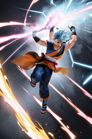 Picture Goku engaged in an epic battle against a formidable opponent. The neural network should create a highly realistic depiction of Goku mid-air, soaring through the sky with incredible speed. His energy aura, a vibrant mix of blue and white, crackles around him, leaving a trail of electrifying light. The artwork should showcase Goku's intense focus as he charges a Kamehameha wave, his hands glowing with immense power. The surrounding landscape should be in chaos, with debris and energy blasts adding to the dramatic atmosphere.