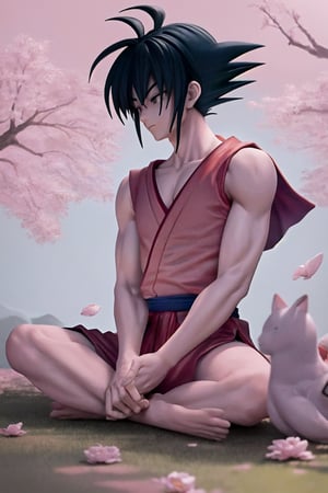Picture Goku in a peaceful moment, taking a break from his intense training. The neural network should create a serene scene of Goku sitting cross-legged on a grassy hill, surrounded by blooming cherry blossom trees. The soft pink petals gently fall around him, creating a tranquil atmosphere. Goku's expression should reflect a sense of calm and contentment, as he meditates and connects with his inner strength. The artwork should capture the beauty of nature and the peacefulness of Goku's character.