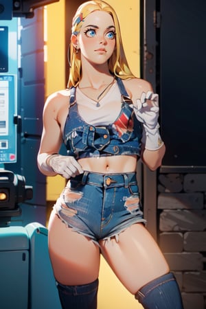 (CharacterSheet:1), 1girl, (messy hair, blonde, long hair, hair clip, blue eyes), (jeans shorts, crop top, denim jacket, garter, american flag),(yellow gloves:1), fight pose, full body ,(simple background, white background),(masterpiece:1.2), (best quality, highest quality), (ultra detailed), (8k, 4k, intricate),(full-body-shot), (Cowboy-shot:1.4), (50mm), (highly detailed:1.2),(detailed face:1.2), detailed_eyes,(gradients),(ambient light:1.3),(cinematic composition:1.3),(HDR:1),Accent Lighting,extremely detailed,original, highres,(perfect_anatomy:1.2),,3DMM