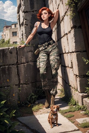 masterpiece,best quality,High quality,meryl, red hair, picture perfect face,blush, navel, shirt knot, nsfw, freckles,makeup,long eyelashes, perfect female body, black tank top,belt, camouflage pants, 
military arm tattoo, dogtag,
military base, 