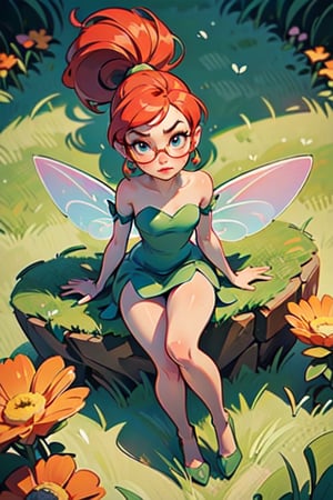45mm, miniature, tiny body, small body, chibi, big head, big eyes, long eyelashes, puffy cheeks, puffy lips, cute, wide hips, thick thighs, (super detailed green dress), flowers, grass (masterpiece, best quality:1.1), ghibli style, Disney, Tinkerbell , loose glasses, crossed legs  , serious face , view from above , cameltoe, ponytail , wet skin  , messy hair, frekles   TinkerWaifu, ((red hair)), ((pale skin)), dark gothic makeup, smirk, fairy wings,