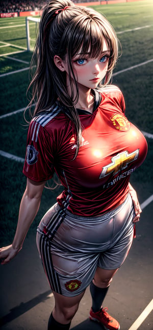 surreal, cinematic effect 8k,1girl, beautiful, perfect face, full_body,Wearing Manchester united football team clothes ,The scene of the football field ,Any pose,Big breasts, saggy breasts 