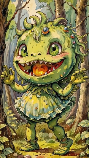 Green monster, Her body is like jelly, her face is cute walking in the forest, looking for prey
.
Dynamic poses, 

retro children's illustrations,Vintage children's illustrations, perfect face, perfect eyes, perfect finger, Child Storybook illustrations, Children's storybook illustrations, adoreble, 