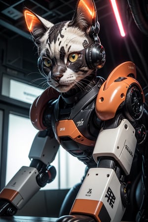 A cat robot, its body made by full machine, wearing helmet, cat eyes Red lights up like a laser, animal robot, 