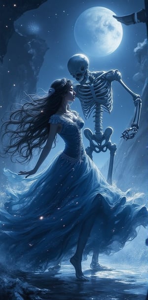 "An enchanting woman dressed in a Sailor Moon-style costume with a flowing skirt and glittering accessories, sharing an elegant dance with a skeleton partner. They move together under a starlit sky, creating an eerie yet romantic atmosphere."



( sailormoon style, sailormoon costume, anime style, manhwa style, anime detailers, dynamic poses, dynamic light and shadow )
.