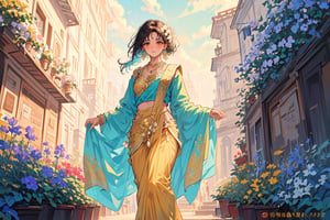 Generate an image of a beautiful Indian woman strolling through an enchanting flower garden. She is dressed in a gorgeous sari that features detailed embroidery and rich, vibrant hues. The fabric of her sari billows softly as she moves, adding a sense of movement and grace. She is adorned with an array of gold jewelry, including multiple necklaces and bracelets that catch the light. Her long, black hair is flowing freely, lifted slightly by the breeze. The garden is filled with an array of blooming flowers, providing a vivid and colorful setting that complements her elegant appearance.",Flat color cartoon 