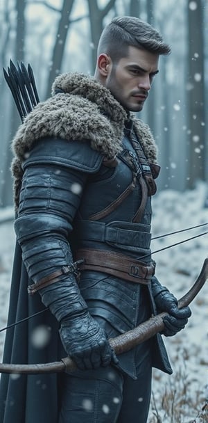 "Amidst a gentle snowfall, a handsome archer with a strong jawline and determined expression stands, bow in hand, scanning his surroundings. He is dressed in dark leather armor, fur-lined to protect against the cold, and his quiver is full of arrows, ready for a silent hunt in the frozen woods."





( silverjow style, muscular male characters, Bara art style, Masculine character design, Detailed muscle anatomy, Bara manga, bara comics, hyper detail, more detail xl, dynamic poses, dynamic light and shadow, )
.