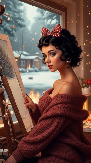 Beautiful woman, 1 girl, portrait of woman, While painting, In the comfortable living room, wearing a thick sweater, the weather outside is snowing, Betty boop style, 