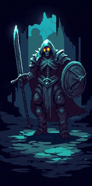 "A pixel art skeleton warrior standing confidently, holding a large sword in one hand and a round shield in the other, with hollow eyes glowing faintly. Background is a dark cave with subtle light beams casting eerie shadows."


( big pixel, pixel, retro pixel game, pixel style, pixel game, ((pixel art style)), pixel detail, pixilated, more pixel detailer,  )