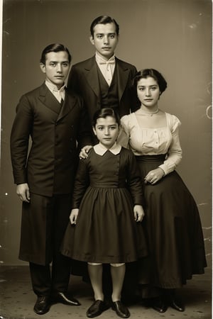 Family photos, Consisting of three people, namely father, mother and son, Latin people, wearing regional clothing, Photos from bygone eras, Old vintage photography, black and white photo, 