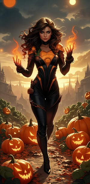 A beautiful superhero woman in a Marvel-inspired comic scene, surrounded by enchanted pumpkin puppets that she controls with a flick of her wrist. She has flowing hair, intense eyes, and a form-fitting suit decorated with pumpkin and vine motifs. Her stance is powerful, and the background shows a dark, stormy sky over a city in the distance, adding drama to her mysterious abilities

( Marvel comic style, marvel superhero, marvel comic, comic detailer, american comic, dynamic poses, dynamic light and shadow )
.