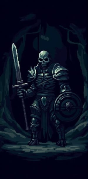 "A pixel art skeleton warrior standing confidently, holding a large sword in one hand and a round shield in the other, with hollow eyes glowing faintly. Background is a dark cave with subtle light beams casting eerie shadows."


( big pixel, pixel, retro pixel game, pixel style, pixel game, ((pixel art style)), pixel detail, pixilated, more pixel detailer,  )