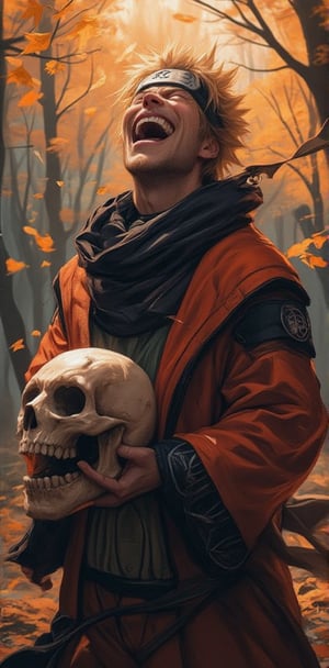 "A man dressed in Naruto-themed attire, grinning widely and laughing as he playfully holds a skull. The background features an autumn forest with leaves falling, creating a mix of spooky and playful vibes."


( naruto style, ((naruto costume:1.2)), manga, naruto detailer, dynamic light and shadow, anime style, anime detailers, manga style, dynamic color,light and shadow)
.