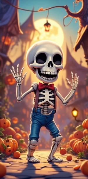 "A joyful skeleton in a bowtie and little suspenders, clapping its bony hands and dancing with tiny pumpkin friends in a magical, Halloween-themed village. The colors are warm, and the characters are illustrated with big, friendly smiles, making it perfect for a children’s storybook."


( Children storybook, cartoon, cartoon style, cartoon detailed object, storybook style, colourful, 2d_animated, dynamic poses,  dynamic light and shadow, )
.