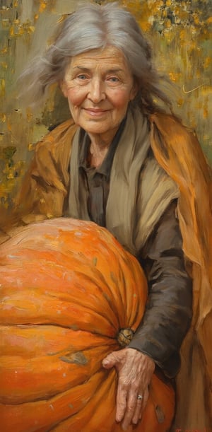 "An oil painting depicting an elderly woman with silver-gray hair tied in a low bun, wearing a simple, worn shawl and a gentle smile. She stands next to a colossal pumpkin, her hand resting on its textured orange surface, her face filled with quiet pride. The background shows a rustic, earthy landscape with golden autumn leaves scattered around, hinting at the fall season. Soft light casts warm shadows, adding depth to the pumpkin's ridges and the woman’s weathered features.

( oil painting art style, painting, canvas texture, (( Oil painting effect )), oil painting brush, oil painting style, brush stroke, monet style, oil painting detailers, dynamic light and shadow, )
.