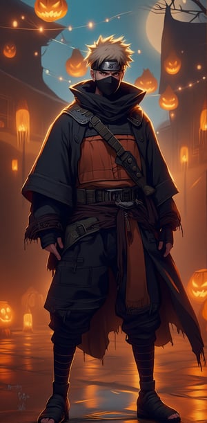 A handsome man dressed in a stylish ninja outfit inspired by Naruto, standing confidently at a Halloween night party filled with glowing pumpkin lanterns and spooky decorations. The background features carved pumpkins, candles, and eerie lighting that give a festive, mysterious Halloween atmosphere

( naruto style, naruto costume, manga, naruto detailer, dynamic light and shadow, anime style, anime detailers, manga style, dynamic color,light and shadow)
.