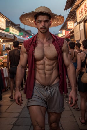 (4k photography), realistic, detailed, extremely detailed, Photorealistic, masterpiece, beautiful lighting, real image, (extremely detailed skin texture and pores), hyperrealistic, 8k, cinematic, best shadow, detailed background, exquisite facial features.
.
.
Portrait of handsome man resembling Luffy from One Piece, standing in a bustling night market, wearing a straw hat. Suddenly, he is being chased by a group of people who mistake him for the real Luffy. The scene is full of vibrant lights, colorful stalls, and a sense of urgency and confusion as Adi tries to escape, ((abs, scar X-shaped on chest, sandals, short hair, red open shirt, red open clothes, red Sleeveless shirt, A roll of  cloth around the waist, blue knee-length shorts, Straw hat with red ties on it, )), portrait,Hyper Realistic photo 