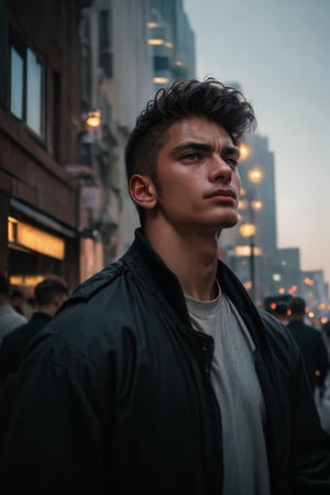 (( film grain, cinematic film, RAW photo, dark, intricate detail, grainy, niosy, gritty, vintage paper, ))
.
.
A young man standing on a crowded street in a big city, looking up at the skyscrapers. He is wearing a jacket and has a determined expression on his face. The sky is visible in the background.