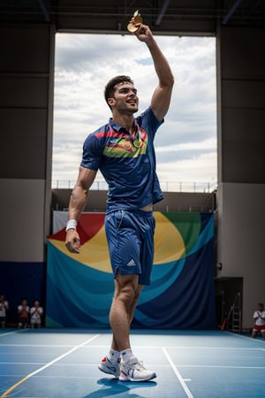 triumphant young man stands on a badminton court, his face filled with emotion and sweat, as he holds up a gold medal at the 2024 Olympics, with the crowd cheering in the background.",Photorealistic man,Photography,Dynamic poses,Movement poses 