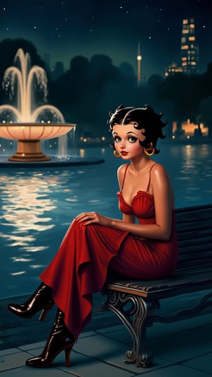 Beautiful woman, 1 girl, portrait of woman, Sitting in the park alone, the background is a fountain, the situation is at night, Betty boop,