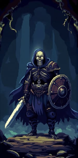 "A pixel art skeleton warrior standing confidently, holding a large sword in one hand and a round shield in the other, with hollow eyes glowing faintly. Background is a dark cave with subtle light beams casting eerie shadows."


( big pixel, pixel, retro pixel game, pixel style, pixel game, ((pixel art style)), pixel detail, pixilated, more pixel detailer,  )