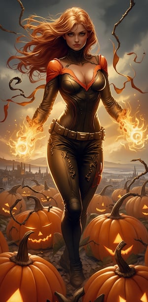 A beautiful superhero woman in a Marvel-inspired comic scene, surrounded by enchanted pumpkin puppets that she controls with a flick of her wrist. She has flowing hair, intense eyes, and a form-fitting suit decorated with pumpkin and vine motifs. Her stance is powerful, and the background shows a dark, stormy sky over a city in the distance, adding drama to her mysterious abilities

( Marvel comic style, marvel superhero, marvel comic, comic detailer, american comic, dynamic poses, dynamic light and shadow )
.