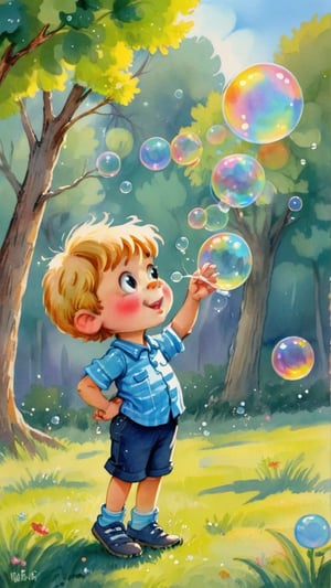 young boy blowing bubbles in the park, boy chasing colorful bubbles outdoors, happy boy with bubbles reflecting sunlight, large soap bubble floating in the air, boy smiling, boy's joyful expression while playing with bubbles, 
.
Dynamic poses, 

retro children's illustrations,Vintage children's illustrations, perfect face, perfect eyes, perfect finger, Child Storybook illustrations, Children's storybook illustrations, simple shape, Hand drawings, child drawings, big eyes, Eyes sparkling, child storybook, hand-drawn characters, cute cartoon, clipart illustrations, watercolor illustrations, whimsical, adorable, simple object, colorful, simple shape, adoreble illustrations, 2D,