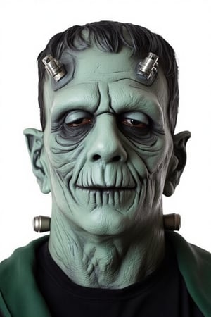  portrait of Frankenstein's face is depicted. The Frankenstein's head is adorned with two silver barrettes on each side of his head, adding a pop of color to the otherwise monochromatic image. The backdrop is a stark white, allowing the focus to be prominent. The man's expression is neutral, with a slight smile on his face. He is wearing a black collared shirt with a green collar, and a pair of silver earrings on his collar.,Halloween makeup,Silverjow style,Bara,Muscle 