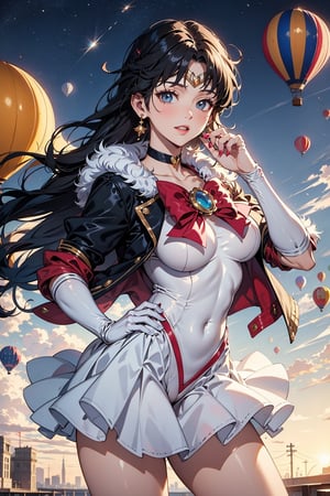 A woman wearing a jacket with fur at the collar, He uses a helmet and goggles, He will prepare to fly using his hot air balloon, 

Sailormoon suit and style