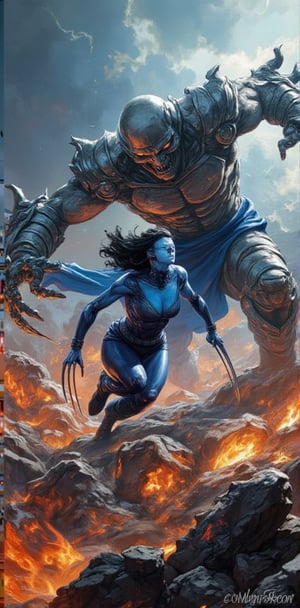 "Amidst a fiery battlefield, Mystique and a steel skeleton clash under a stormy sky. Her vibrant blue figure contrasts against the silver, armored skeleton, which raises its massive clawed hand for a strike, while Mystique prepares to counter with agility and skill."



( Marvel comic style, marvel superhero, marvel comic, comic detailer, american comic, dynamic poses, dynamic light and shadow )
.